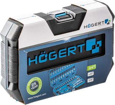 Набір інструментів HÖGERT TECHNIK 46 предметів: тріскачка, біти, насадки, аксесуари 1/4”, хром-ванадієва сталь, високоякісний, кований, 72-зубцева механіка, чорний/синій