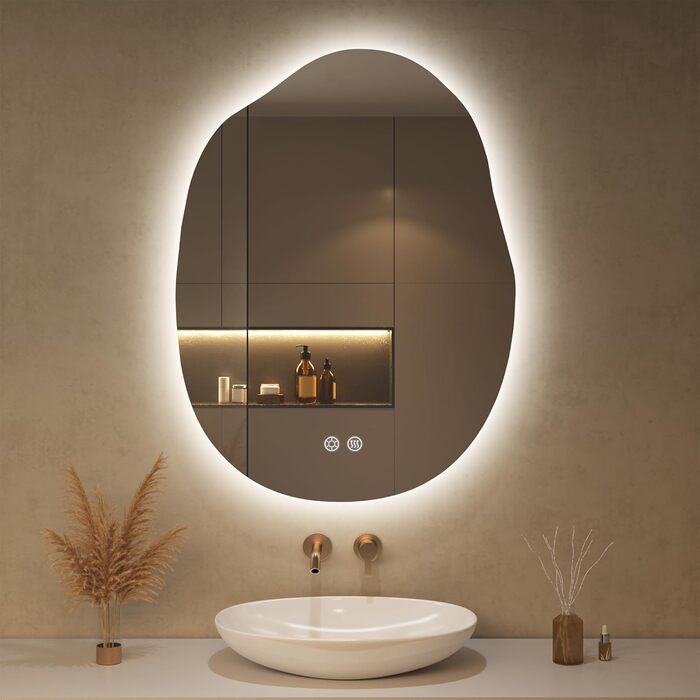 Дзеркало для ванної кімнати з підсвічуванням, арочне, без рами, 50x75 см. Антизапарник, сенсорне управління, регулювання яскравості, 3 кольори світла