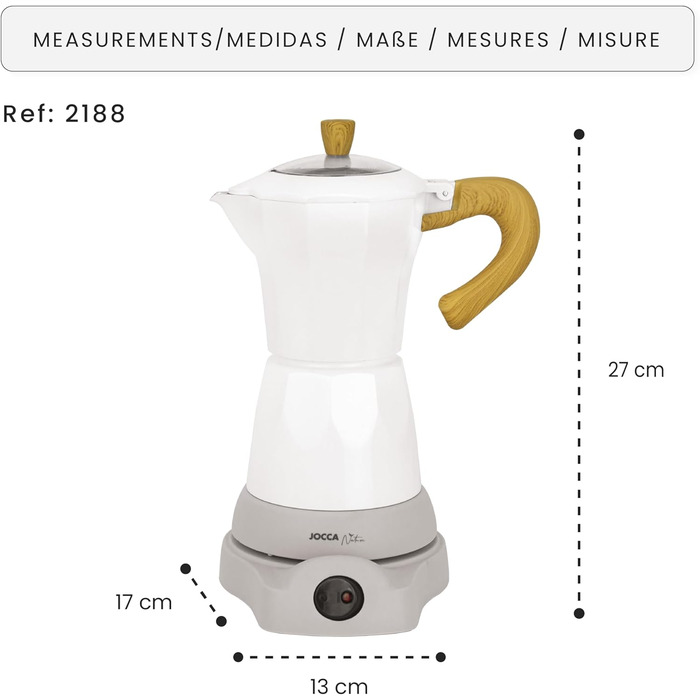 Jocca Electric Italian Coffee Machine Nature, 6 Cups Moka Pot, 300ml, Swivel Base, Cold-Touch Handle, Keep-Warm Function, White