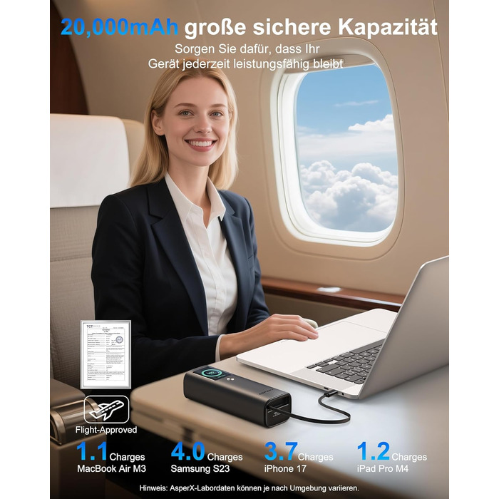 Power Bank AsperX 20000mAh 165W з USB-C кабелем, сумісний з MacBook, Dell, HP, Lenovo, iPad, iPhone, Galaxy