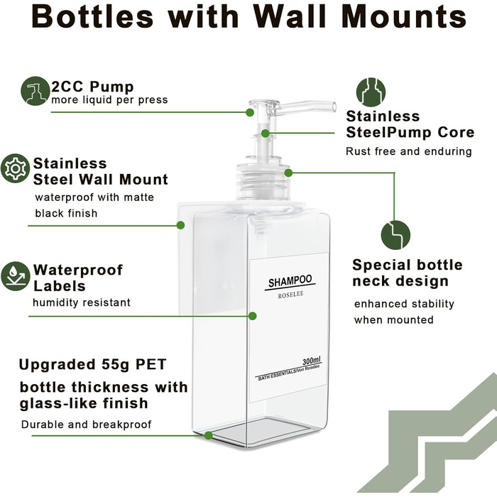 Настінний диспенсер для мила Roselee (3 шт.) - 500 мл, для душу, шампуню, пінського ванни. Без свердління, з етикеткою, підходить для ванної кімнати та кухні (прозорий)