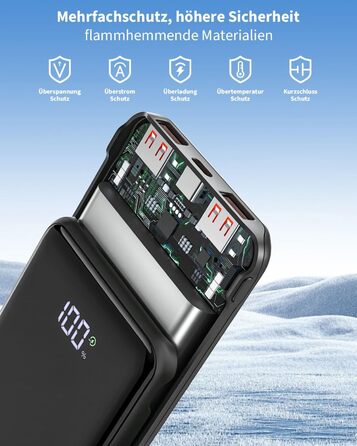 Портативний зарядний акумулятор Power Bank 20000mAh з швидкою зарядкою 22.5W, LCD дисплеєм, 1 USB-C та 2 USB-A, для iPhone 17/16/15/14/13 та смартфонів, чорний