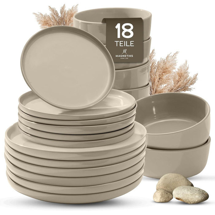 Набір посуду Feinsteinzeug на 6 осіб (18 предметів) — міцний та стійкий до подряпин, бежевий глянцевий | Тарілки, тарілки для десерту та миски | Magnetiks Soft Pebble | 18 предметів