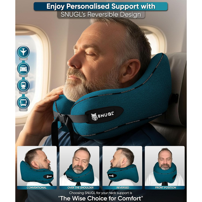 Подушка для шиї SNUGL з Memory Foam, регульована, для подорожей | Зручна подушка-воротник для шиї в літак, авто та в дорогу | Подушка для шиї, Neck Travel Pillow (синьо-зелений)