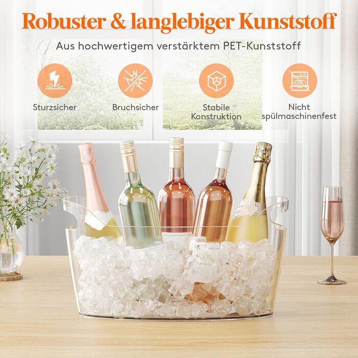Охолоджувач для пляшок Lifewit 6,5L з лопаткою для льоду, пластиковий ведерко для шампанського (38 × 18 × 20cm), великий барний кулер з ручками для вина, пива, шампанського, напоїв, контейнер для фруктів та овочів