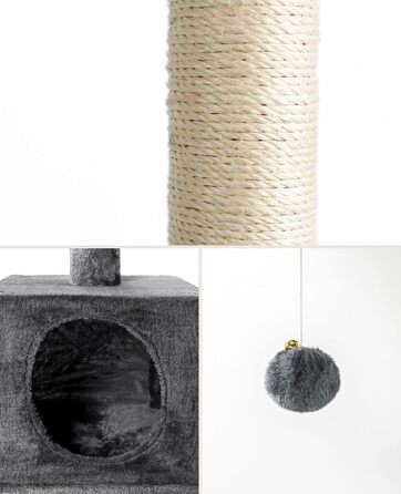 Lionto Scratching Post for Cats with Cave and Plush Ball incl. Bell, Height 85 cm, Cat Tree with Sisal & Plush, Cozy Resting Areas & Cave, Suitable for Small & Large Cats, (Dark Grey (with name tag))