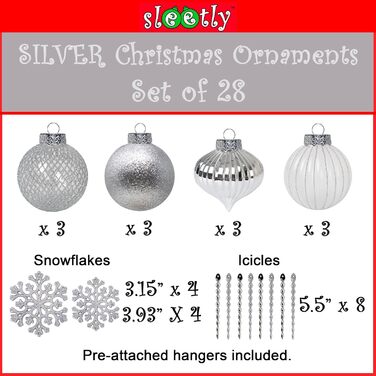 SLEETLY 28шт Білозолоті Новорічні Кулі для Прикраси Ялинки - Набір Декоративних Орнаментів, Сніжинки та Крижані Шарм, Стійкі до Ударів, для Святкового Прикрашання