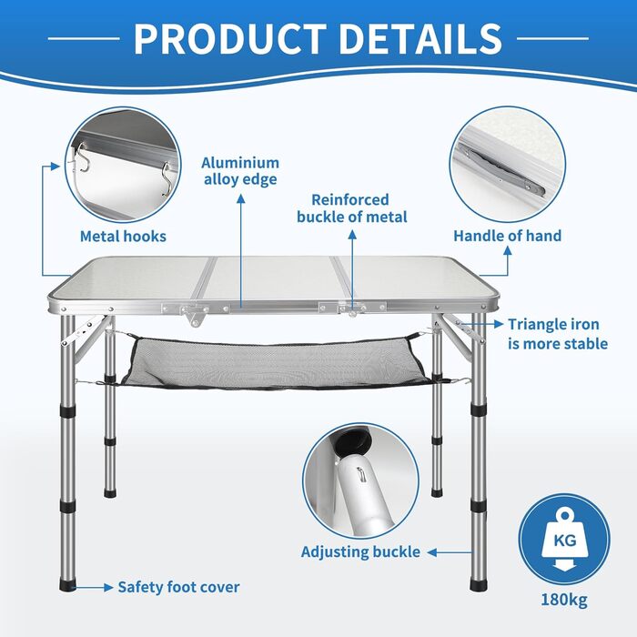 Складаний туристичний стіл CPROSP 90x40 см, регульована висота 26-70 см, срібний