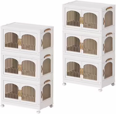 Foldable Kitchen Cabinet 98cm Storage Cabinet with 3 Doors and Wheels Kitchen Cabinet for Living Room, Kitchen, Office, Large White (E-white(2))