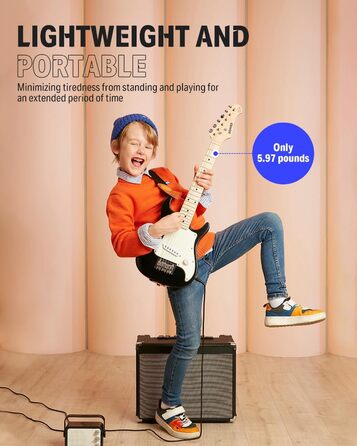 Електрогітара Donner Set для початківців Junior ST-стиль 30 дюймів, Mini гітара Преміум-комплект з підсилювачем, тюнером, каподастром, чохлом, ремінцем, струнами, кабелем (DSJ-100, Чорний)