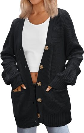 Жіночий в'язаний кардиган Zeagoo з довгими рукавами, з ґудзиками, вільний крій, V-подібний виріз, грубий в'язання, повсякденна куртка, осінь/зима, чорний, XL