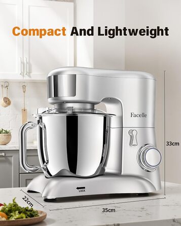Кухонна машина Facelle 6.5L з нержавіючої сталі, 10 швидкостей + імпульсний режим, міксер для тіста з набором для випічки