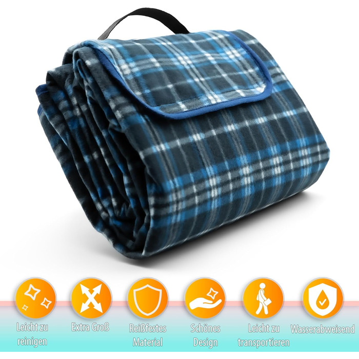 Плед для пікніка BigDean 200x200 см водонепроникний, клітинка, темно-синій – великий плед для пляжу, саду, парку