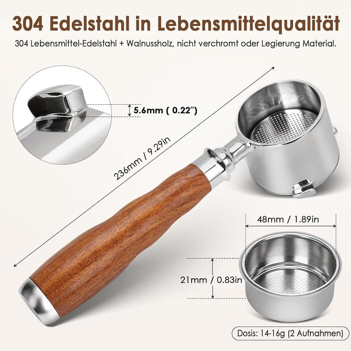 Портфільтр з 3 вушками для кавомашини De'Longhi La Specialista, 51 мм, моделі EC9335, 9155, 9355, 9665, нержавіюча сталь, дерев'яна ручка з горіха