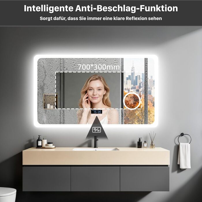 Дзеркало для ванної кімнати LUVODI з підсвічуванням 100x70 см: годинник, температура, дата, проти запотівання, регулювання яскравості, 3 кольори світла, функція пам'яті, LED, водонепроникність, збільшення 3x, Bluetooth