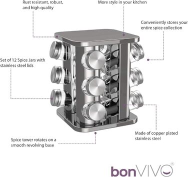 Сумка-органайзер для спецій bonVIVO Rondo, поворотна підставка для 12 баночок, нержавіюча сталь, срібно-хромовий колір