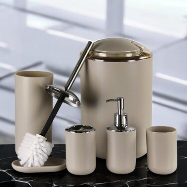 Набір аксесуарів для ванної кімнати 6tlg Badset: мильниця, стакан для зубних щіток, контейнер для косметики, щітка для унітазу з тримачем, мильниця, сміттєвий бак, тримач для зубних щіток, повна ванна кімната (бежевий дизайн 3)
