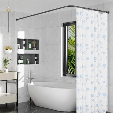 Кутова штанга для душу L-Form, регульована 68–96 см × 68–96 см, нержавіюча сталь, водонепроникна та стійка до іржі, 90 градусів, з 12 кільцями, комплект гвинтів (104-132x104-132 см, Чорний)