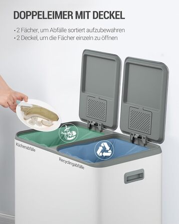 Відро для сміття з сортуванням 60 л, нержавіюча сталь, з педаллю, 2 відділення, SW06099E (біле)