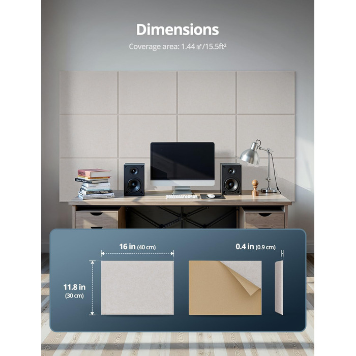 Акустичні панелі для шумоізоляції стін прямокутні, самоклеючі панелі з високою щільністю для звукопоглинання та декору, 30x40x0.9 см, 12 шт, колір верблюжий