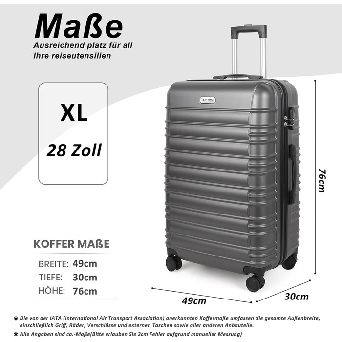 Великий валіз з ABS пластику на колесах, Trolley, валіз для подорожей з 4 колесами (360°), кодовий замок з 3 цифрами та телескопічний ручка з алюмінію (XL – 95л, Темно-сірий)