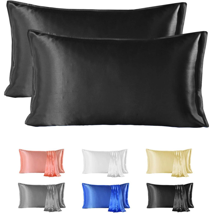 Silk 22 Momme Silk Pillowcase Set of 2, 100% Mulberry Silk Pillowcase for Hair and Skin with Envelope Closure, Soft and Smooth Silk Pillowcase, 50 x 66 cm Black