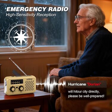 Радіоприймач Kurbelradio з підключенням навушників, AM/FM/SW, сонячне аварійне радіо, акумулятор 2000mAh, Power Bank, радіо на батарейках, будівельне радіо з приймачем світу, SOS ліхтарик для аварійного спорядження (297-Khaki)