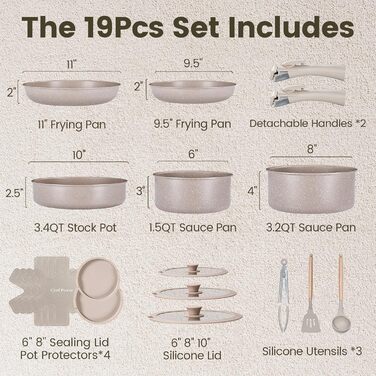 Набір посуду Chef Power Keramik 19 частин, антипригарне покриття, знімний ручка, для індукції, сумісний з духовкою, для кемпінгу, Mocca-Taupe