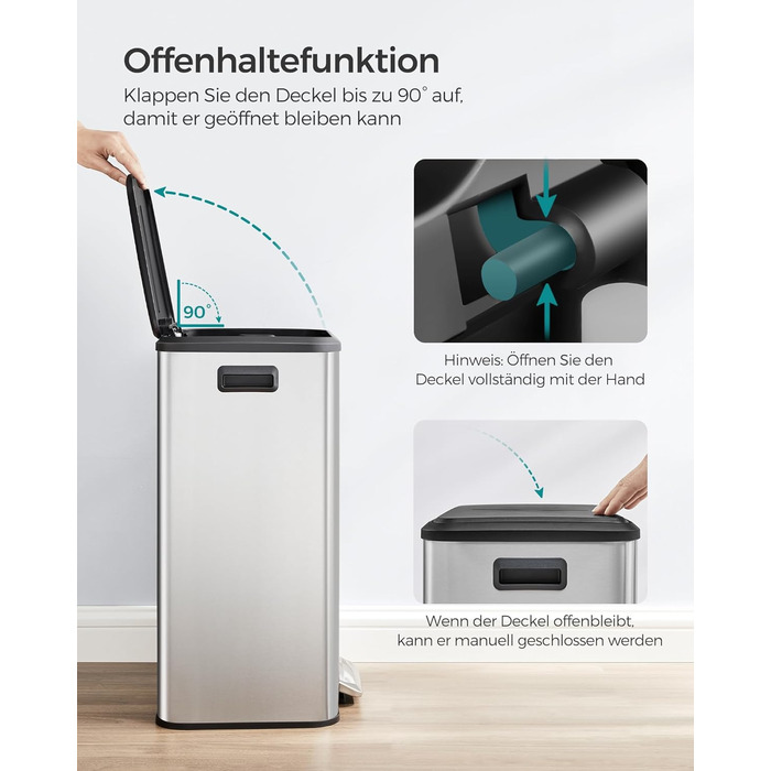 Відро для сміття SONGMICS 40 л з кришкою, педальним механізмом, Soft-Close, утримуванням кришки, срібне, LTB541E40