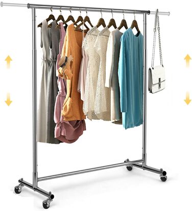 VOWNER Clothes Rack, Clothes Rail, Coat Rack, Rolling Garment Rack, Adjustable Height and Extendable, Adjustable Clothes Rod, (90-132) x 40 x (113-170) cm, Chrome-plated Metal