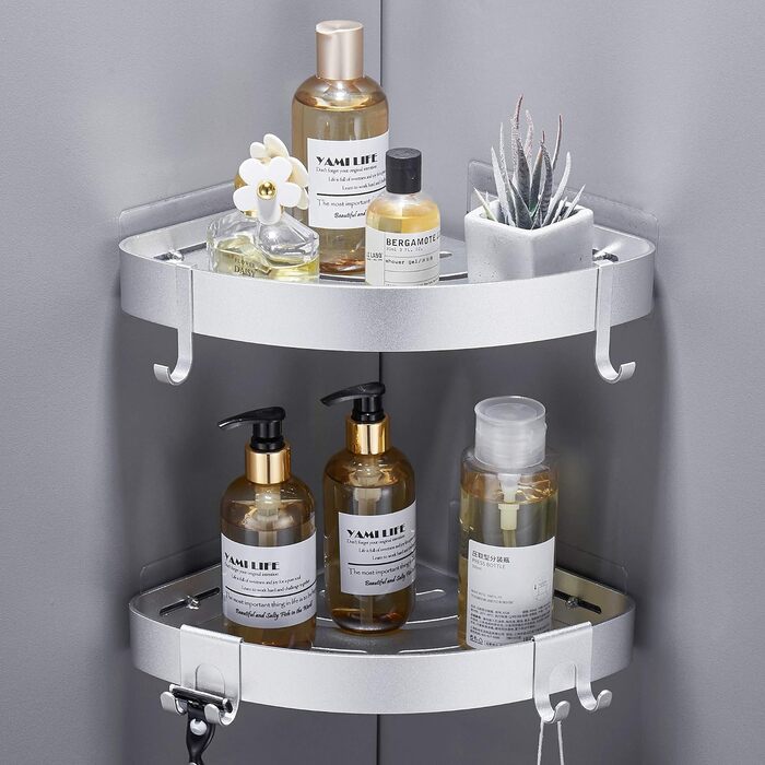 GERUIKE Shower Shelf No Drilling Shower Basket Shower Shelf Corner Wall Mount Adhesive Pad Silver Aluminum 2 Pack Shower Gel Shampoo Holder Corner Shelf Corner Rack for Shower Bathroom Kitchen