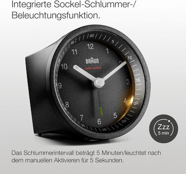 Classic analog radio alarm clock by Braun for the Central European Time Zone (CET/GMT+1) with snooze function and light, quiet movement, crescendo alarm in black, model BC07B-DCF