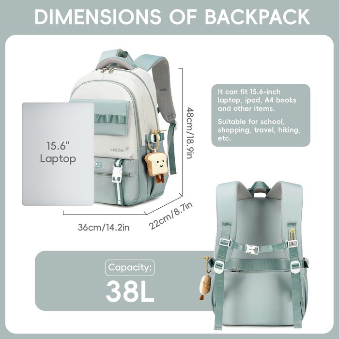 Шкільний рюкзак для дівчаток-підлітків, великий рюкзак для класу 5-12, стильний рюкзак-daypack з нейлону для гімназії, реального училища та університету, зелений