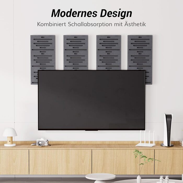 Акустичні панелі TONOR з дерев'яним шпоном, самоклеючі (4 шт, 60x30x4.7 см), звукопоглинаючі стінові панелі для обробки та декору вітальні або офісу, чорні