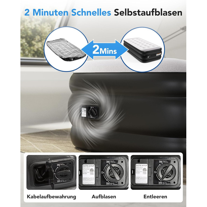 Надувний матрац односпальний з електричним насосом (Чорний, Twin)