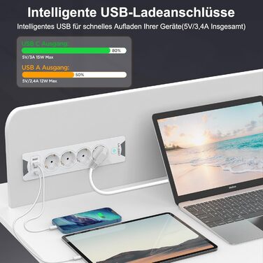 Вбудована розетка з 2 USB-C та 4 розетками, 3680W, 16A, білий кабель 2м. Розподільник розеток для конференц-столу, дивану