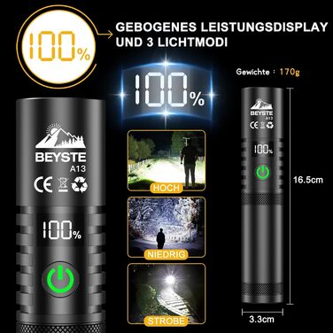 Ліхтарик BEYSTE LED акумуляторний, надяскравий 500000 люмен, тактичний ліхтарик USB, потужний із чохлом, дуже яскравий ліхтарик на батарейках для зовнішнього використання та екстрених ситуацій