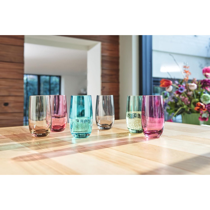 Leonardo Sora Drinking Glasses, Set of 6, Colorful Glass Set, Dishwasher-Safe Juice Glasses, Water Glasses, Drinking Cups in 6 Colors, 390 ml, Assorted Colors, 047287