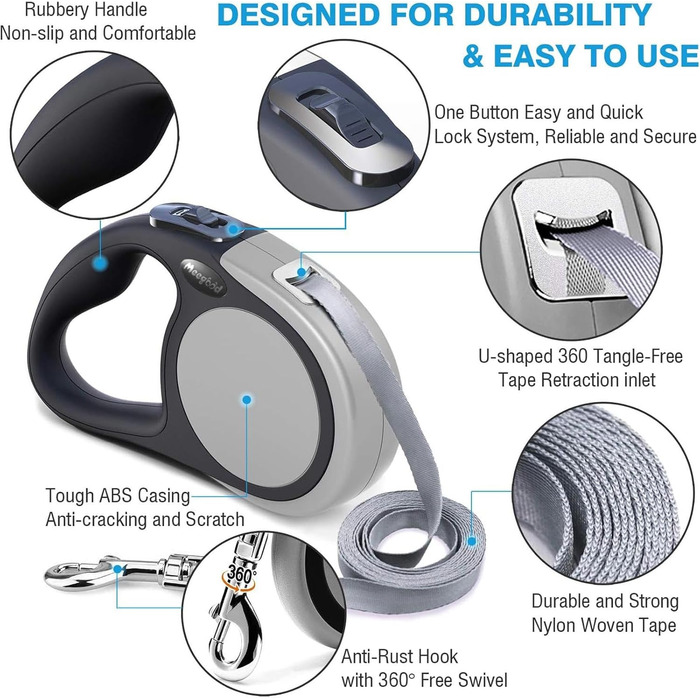 МігооПет (MigooPet) повідок для собак, висувна, 4.6 м, для собак малих та великих порід (до 45/115 кг), фіолетовий