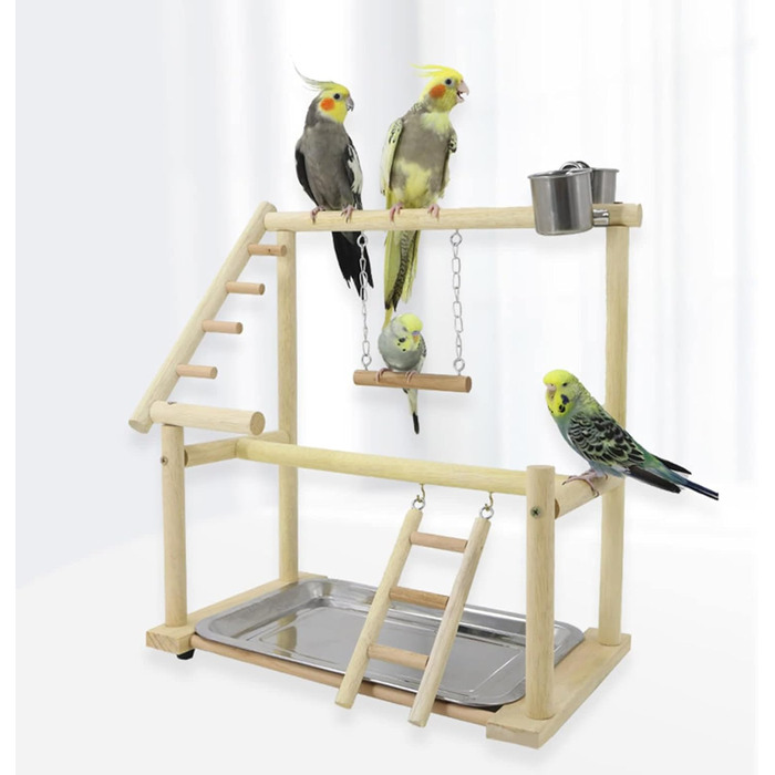 Bird Playground, budgie toys, bird playground stand, bird gym, bird accessories, climbing frame with ladder, running grid with feeder cups, tray, swing for parakeets, wavy parrots, finches, etc. (#7)