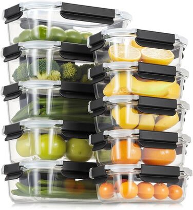 Набір контейнерів для зберігання їжі з кришкою, 20 шт. (10 контейнерів, 10 кришок), безпечні для миття в посудомийній машині, морозильної камери та мікрохвильової печі, витікання запобігаються, сучасний дизайн, чорний колір (FE1537)