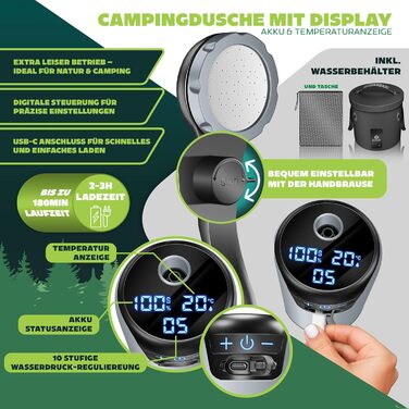 Соняшна душова кабіна KESSER® з насосом та акумулятором 8000mAh | 20L комплект для кемпінгу з регульованим душем, шлангом 2м, пістолетом-розпилювачем та кріпленням