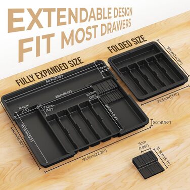 Органайзер для столових приборів в шухляду, розширюваний, 6-9 відділень, з 2 знімними блоками для ножів, чорний