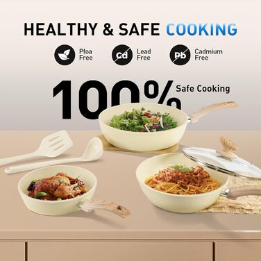 Набір посуду Kitchen Academy 12 предметів: каструлі та сковороди з антипригарним покриттям. Підходить для Induktion, газових та мікрохвильових плит, бежевий