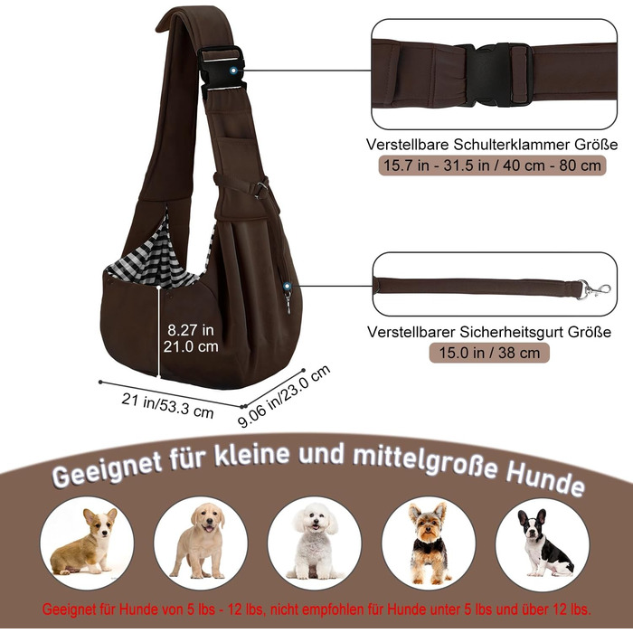 PetLoft Сумка-переноска для собак, реверсивна, регульована, крос-боді, з кріпленням для нашийника (колір: коричневий)