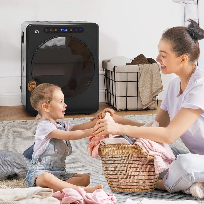 HOMCOM Міні сушарка для білизни 3 кг з дезінфекцією, 6 програм, 1000W, сенсорний дисплей, чорна