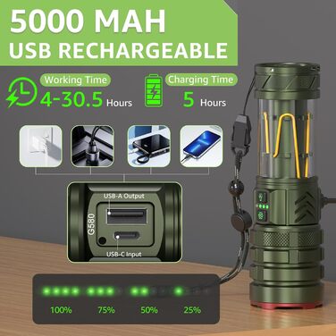 Потужний LED ліхтар 1000000 люмен, акумуляторний, з режимом кемпінгу, регулюванням фокусу, 11 режимів, довга робота від акумулятора, водонепроникний тактичний ліхтар для кемпінгу, відпочинку на природі та надзвичайних ситуацій (зелений)