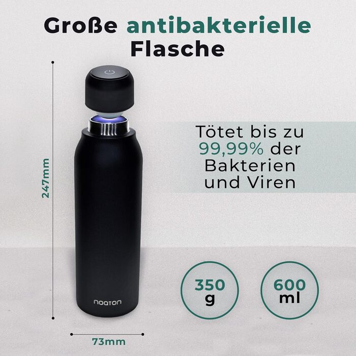 Naturaq Schwarz 600 ml, UV-C, Water Purifier, Self-Cleaning Stainless Steel Insulated Water Bottle, Thermos, Lightweight, for Camping, Hiking, Travel