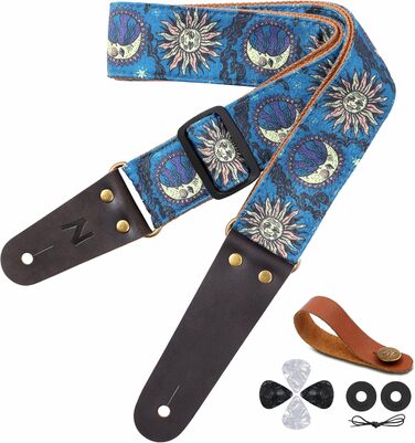 Гітарний ремінь Nefelibata, вишитий бавовняний ремінь з шкіряними кінцями, для бас-гітари, електро- та акустичної гітари, безкоштовний фіксатор, 1 пара застібок, 4 шт. (Блакитне сонце)