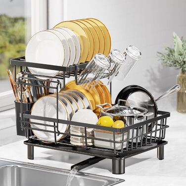 LIONONLY Dish Drainer Rack, Small 2-Tier Dish Rack with Drip Bowl, Stainless Steel Dish Drainer with Utensil Holder, Drink Holder and Swivel Spout, Dish Drying Rack Kitchen